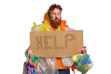 Mann mit Plastikmüll und einem Schild mit der Aufschrift Help Inflatables
