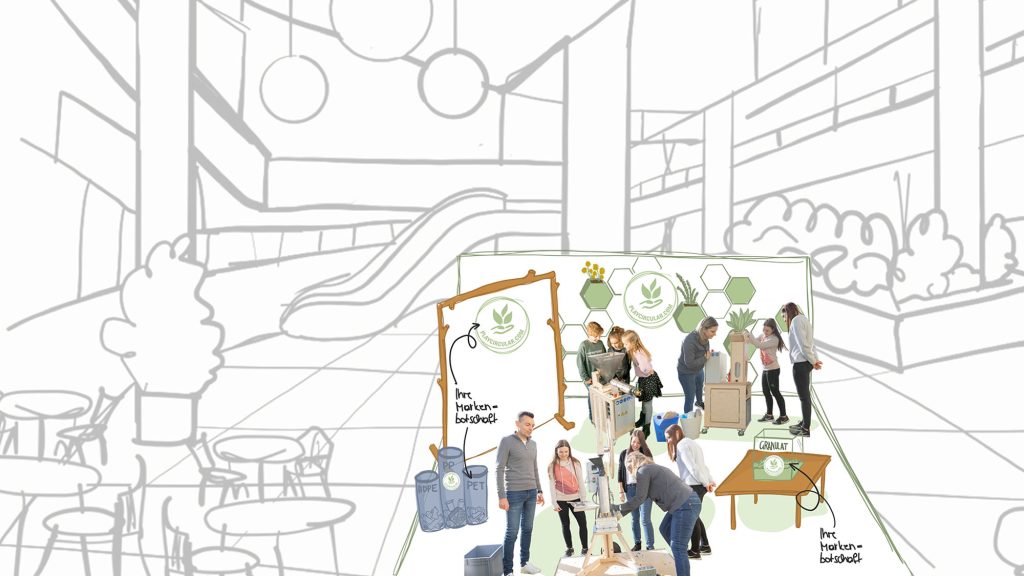 Markenpräsentation Collage Illustration und freigestellte Bilder mit Erwachsenen und Plasticpreneur Maschinen im Einkaufszentrum